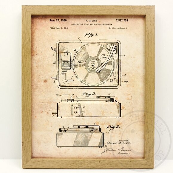 Record Player Turntable Audiophile Patent Art Print Decor 8x10" Natural Framed - Picture 1 of 6